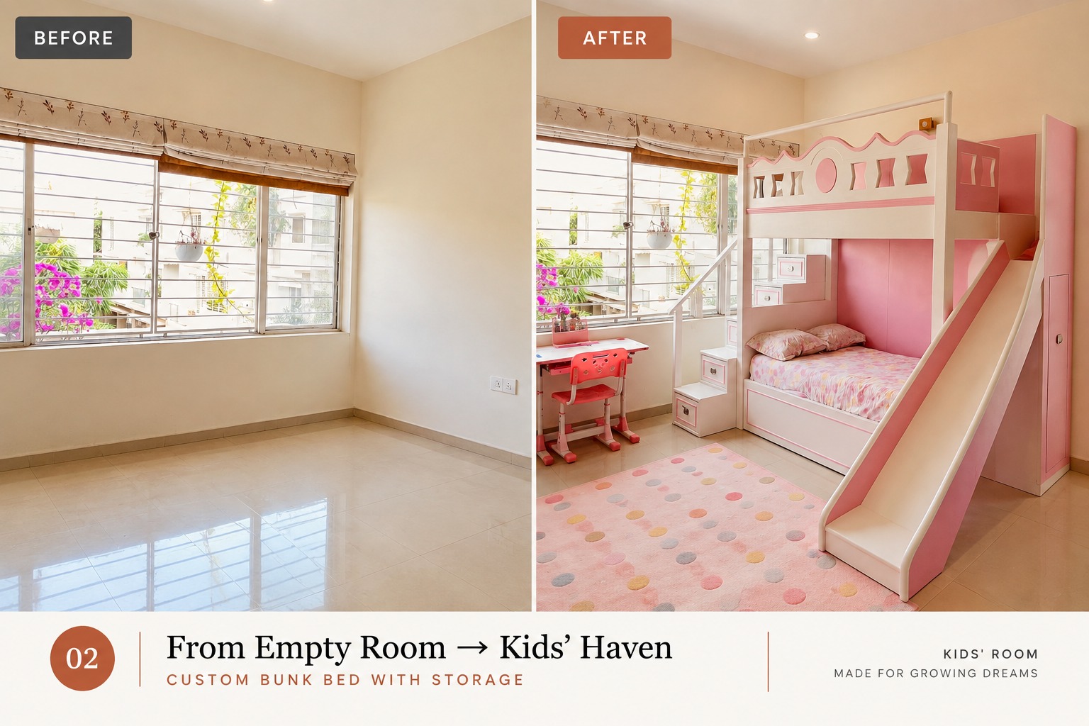 Custom bunk bed before and after transformation